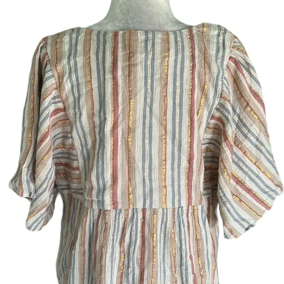 NWT Garnet Hill Lola Shimmering Metallic Gold StripedOrganic Cotton Dress - M